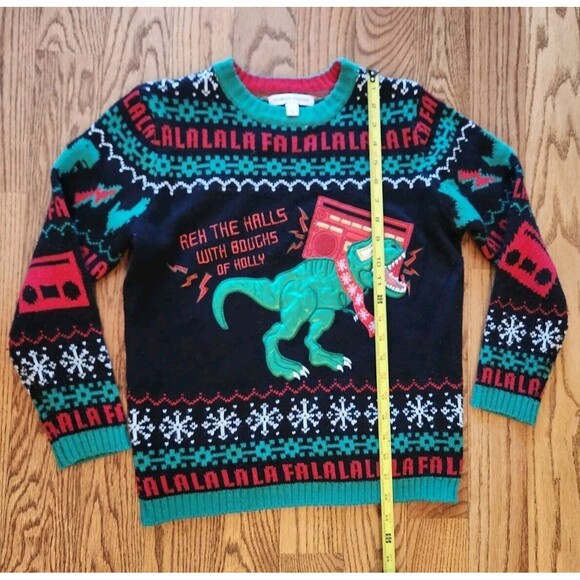 Ugly Christmas Sweater T-Rex Dinosaur With Boom Box Radio Kohl's Youth Medium M - Picture 10 of 11